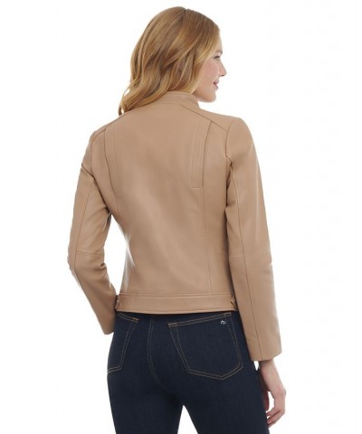 Women's Petite Zip-Front Leather Moto Jacket Tan/Beige $136.40 Coats