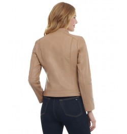 Women's Petite Zip-Front Leather Moto Jacket Tan/Beige $136.40 Coats