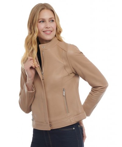 Women's Petite Zip-Front Leather Moto Jacket Tan/Beige $136.40 Coats