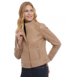 Women's Petite Zip-Front Leather Moto Jacket Tan/Beige $136.40 Coats