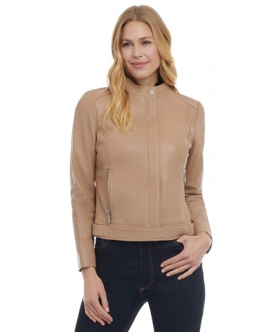 Women's Petite Zip-Front Leather Moto Jacket Tan/Beige $136.40 Coats