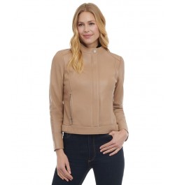 Women's Petite Zip-Front Leather Moto Jacket Tan/Beige $136.40 Coats