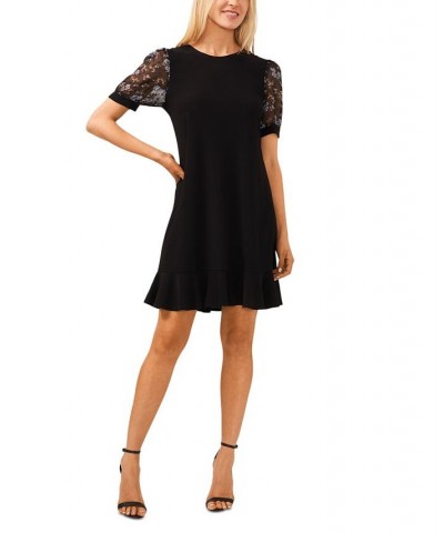 Women's Printed Short-Sleeve Flounce-Hem Dress Rich Black $50.49 Dresses