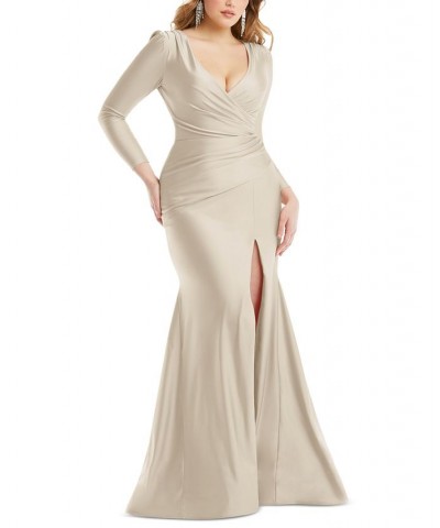 Women's Long-Sleeve Side-Ruched Satin Gown Tan/Beige $131.48 Dresses