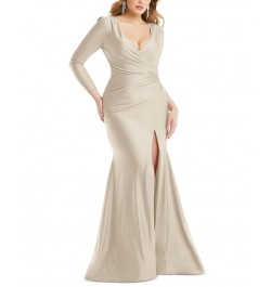 Women's Long-Sleeve Side-Ruched Satin Gown Tan/Beige $131.48 Dresses