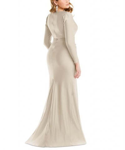 Women's Long-Sleeve Side-Ruched Satin Gown Tan/Beige $131.48 Dresses