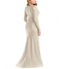 Women's Long-Sleeve Side-Ruched Satin Gown Tan/Beige $131.48 Dresses