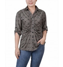 Petite 3/4 Roll Tab Rouched-Front Top Black Doeskin Floral Iconic $12.60 Tops