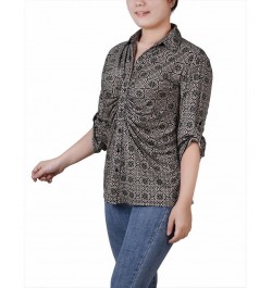 Petite 3/4 Roll Tab Rouched-Front Top Black Doeskin Floral Iconic $12.60 Tops