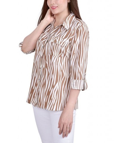 Women's 3/4 Roll Tab Shirt with Pockets Praline, Antique White Animal $16.32 Tops