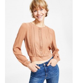 Juniors' Lace-Trim Long-Sleeve Woven Top Yellow $12.90 Tops