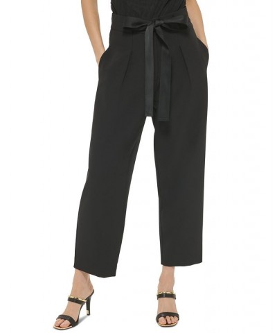 Women's High-Rise Twill Cropped Tie-Waist Pants Black $30.72 Pants