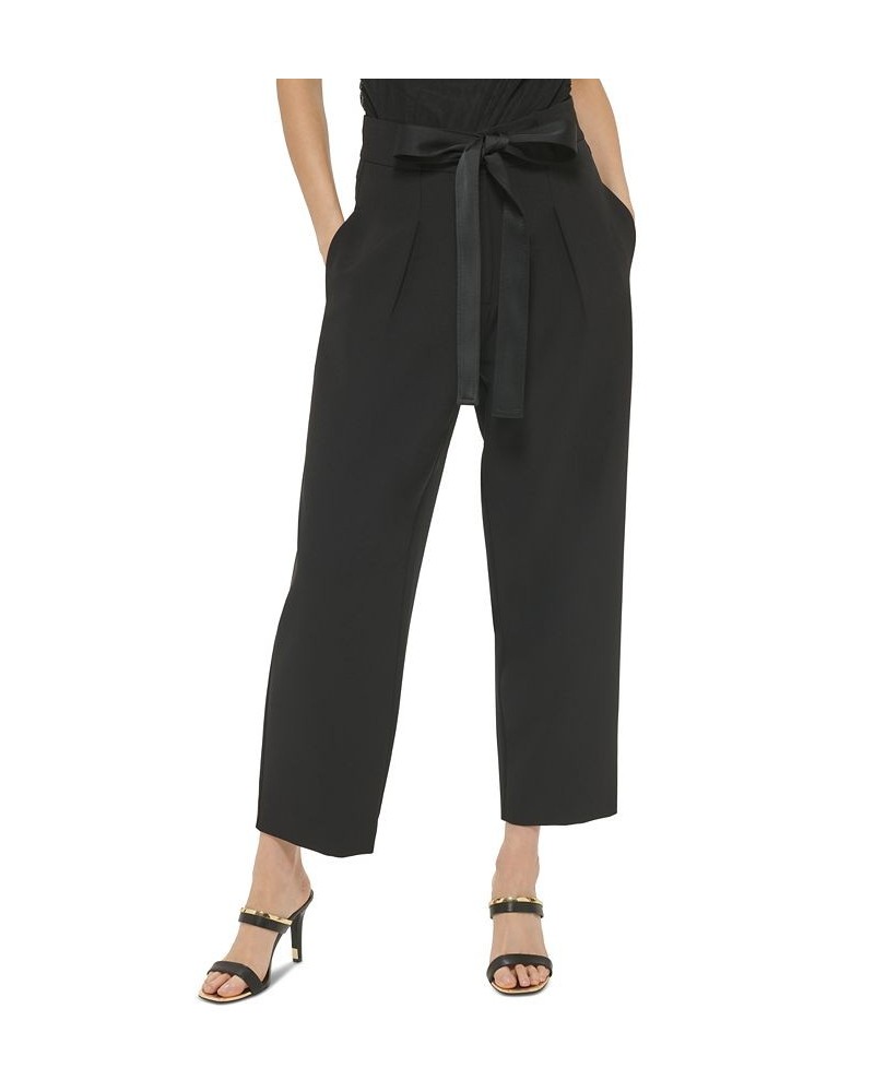 Women's High-Rise Twill Cropped Tie-Waist Pants Black $30.72 Pants