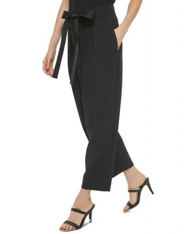 Women's High-Rise Twill Cropped Tie-Waist Pants Black $30.72 Pants