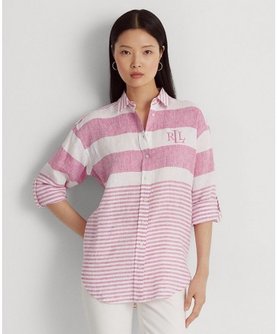 Women's Striped Oversize Linen Shirt Regular & Petite Pink $48.05 Tops