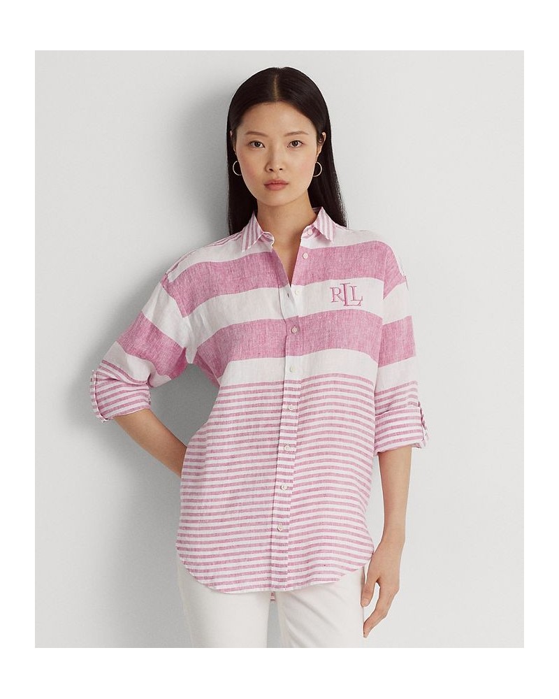 Women's Striped Oversize Linen Shirt Regular & Petite Pink $48.05 Tops