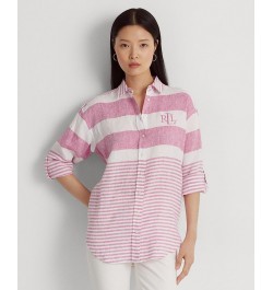 Women's Striped Oversize Linen Shirt Regular & Petite Pink $48.05 Tops