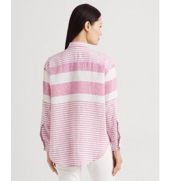 Women's Striped Oversize Linen Shirt Regular & Petite Pink $48.05 Tops