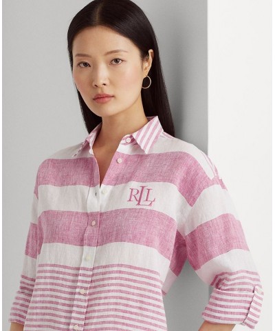 Women's Striped Oversize Linen Shirt Regular & Petite Pink $48.05 Tops