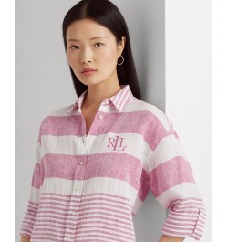 Women's Striped Oversize Linen Shirt Regular & Petite Pink $48.05 Tops