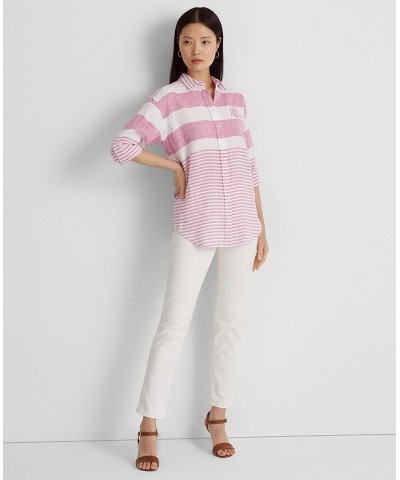 Women's Striped Oversize Linen Shirt Regular & Petite Pink $48.05 Tops