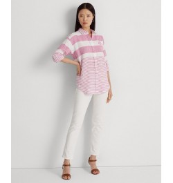 Women's Striped Oversize Linen Shirt Regular & Petite Pink $48.05 Tops