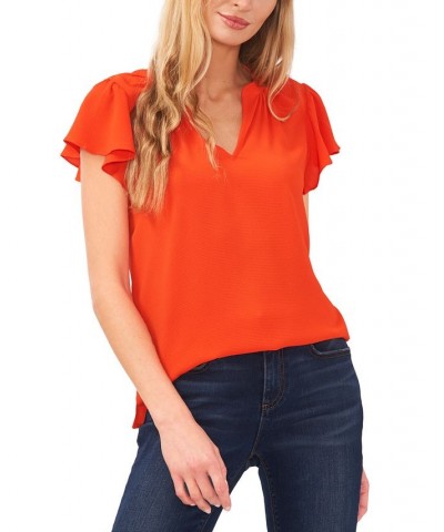 Women's Short Ruffled Sleeve V-Neck Blouse Orange $43.45 Tops