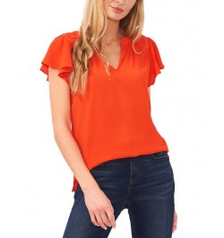 Women's Short Ruffled Sleeve V-Neck Blouse Orange $43.45 Tops