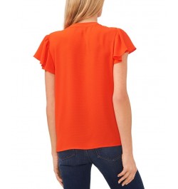 Women's Short Ruffled Sleeve V-Neck Blouse Orange $43.45 Tops