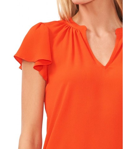 Women's Short Ruffled Sleeve V-Neck Blouse Orange $43.45 Tops