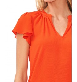 Women's Short Ruffled Sleeve V-Neck Blouse Orange $43.45 Tops