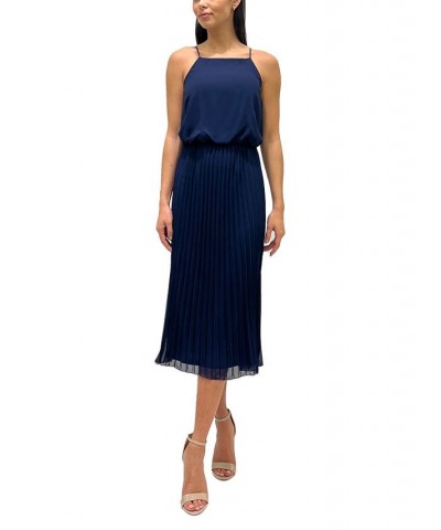 Women's Pleated-Skirt Bloused-Bodice Dress Navy $45.36 Dresses