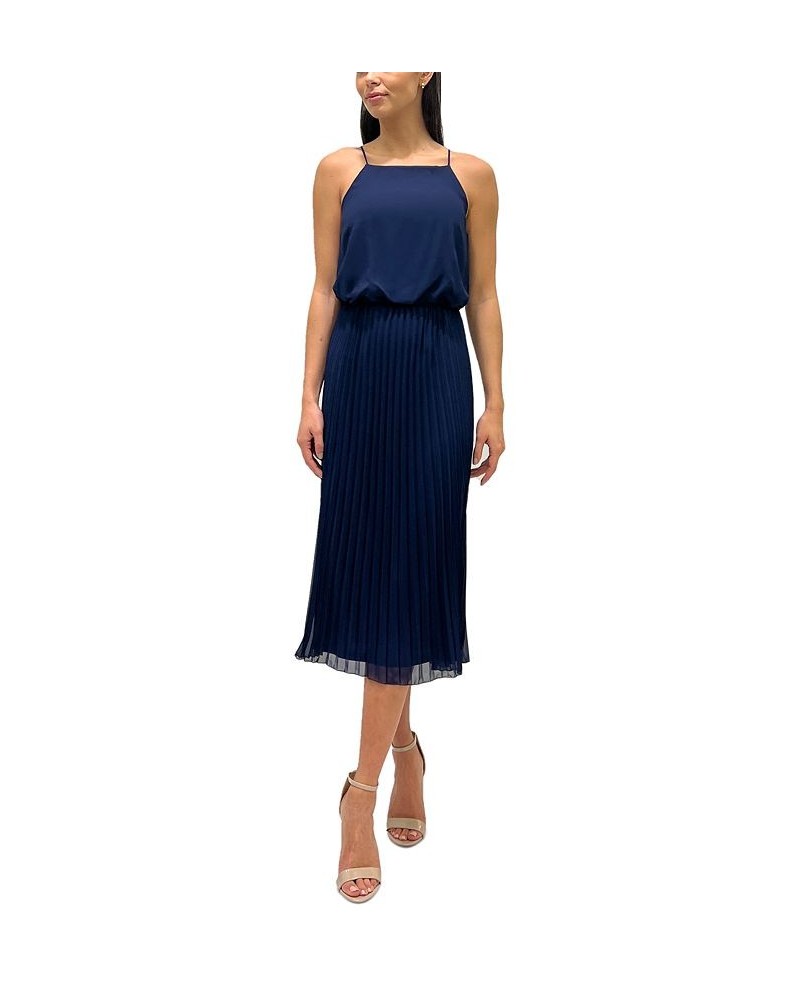 Women's Pleated-Skirt Bloused-Bodice Dress Navy $45.36 Dresses