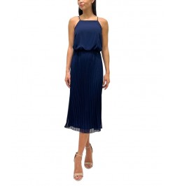 Women's Pleated-Skirt Bloused-Bodice Dress Navy $45.36 Dresses