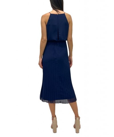 Women's Pleated-Skirt Bloused-Bodice Dress Navy $45.36 Dresses