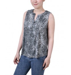 Petite Sleeveless Jacquard Y-neck Top Gray Floral $13.33 Tops