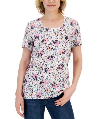 Petite Short-Sleeve Floral Scoop-Neck Top White $10.06 Tops