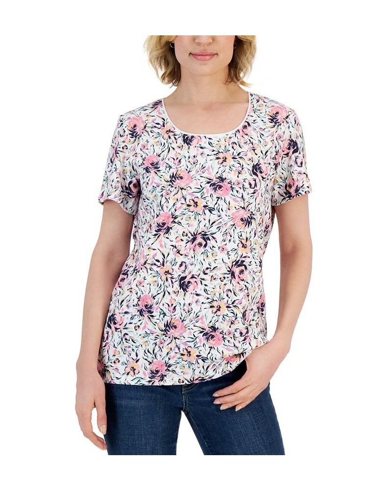 Petite Short-Sleeve Floral Scoop-Neck Top White $10.06 Tops