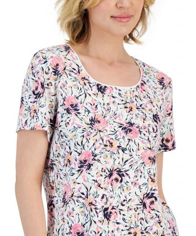 Petite Short-Sleeve Floral Scoop-Neck Top White $10.06 Tops