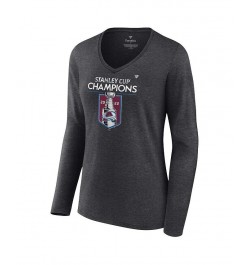 Women's Colorado Avalanche 2022 Stanley Cup Champions Locker Room V-Neck Long Sleeve T-shirt Heathered Charcoal $26.87 Tops