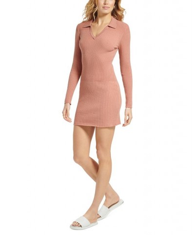 Women's Long Sleeve V-Neck Collared Rib-Knit Dress Pink $43.61 Dresses