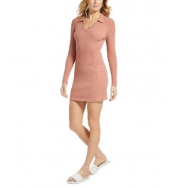 Women's Long Sleeve V-Neck Collared Rib-Knit Dress Pink $43.61 Dresses