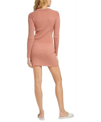 Women's Long Sleeve V-Neck Collared Rib-Knit Dress Pink $43.61 Dresses