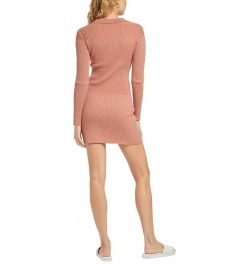 Women's Long Sleeve V-Neck Collared Rib-Knit Dress Pink $43.61 Dresses