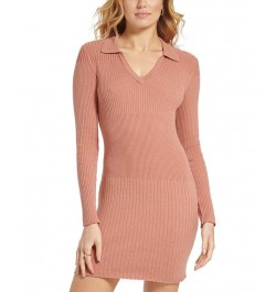 Women's Long Sleeve V-Neck Collared Rib-Knit Dress Pink $43.61 Dresses