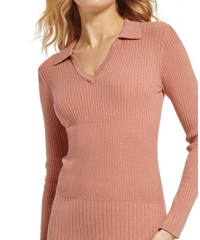 Women's Long Sleeve V-Neck Collared Rib-Knit Dress Pink $43.61 Dresses