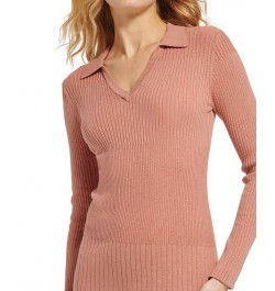 Women's Long Sleeve V-Neck Collared Rib-Knit Dress Pink $43.61 Dresses