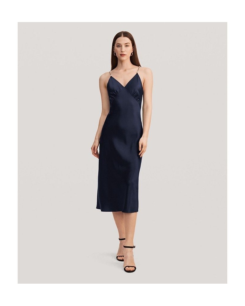 Women's Elegant V Neck Silk Dress With Pearl Blue $52.39 Dresses