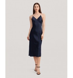 Women's Elegant V Neck Silk Dress With Pearl Blue $52.39 Dresses