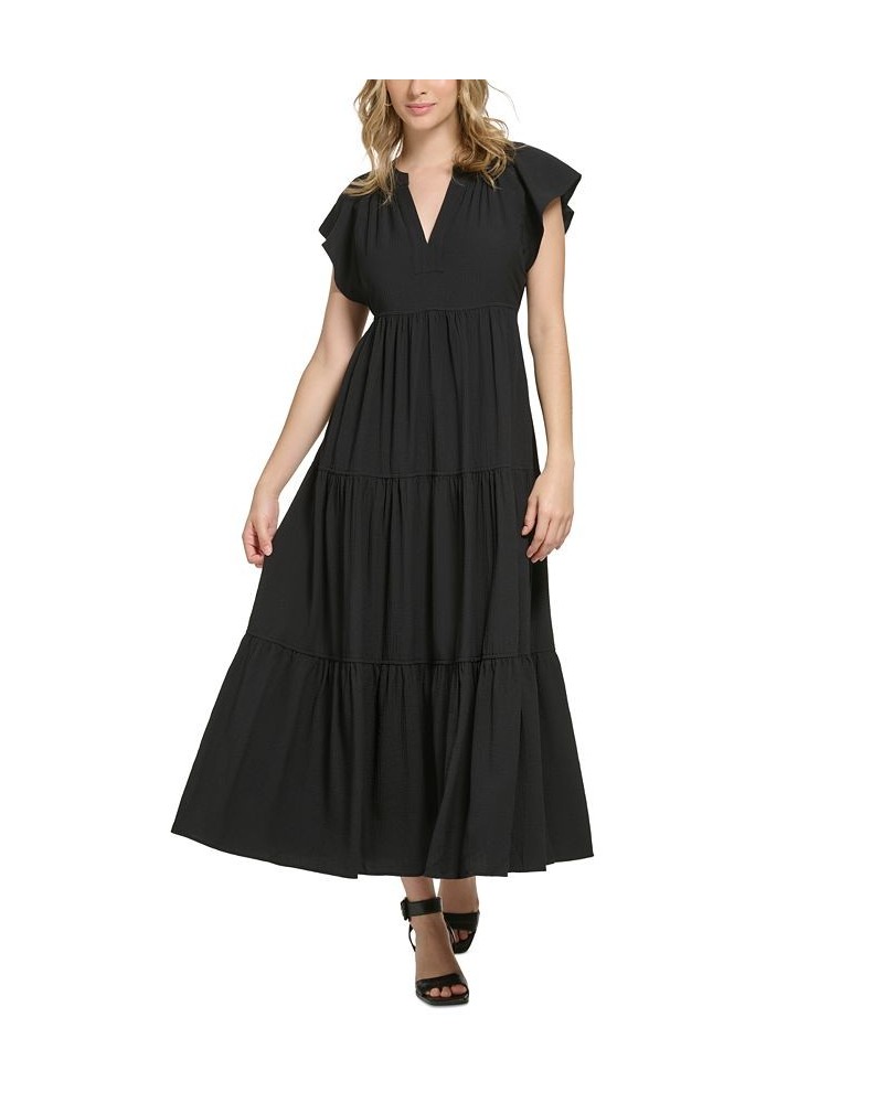 Women's Flutter-Sleeve Tiered Maxi Dress Black $65.56 Dresses